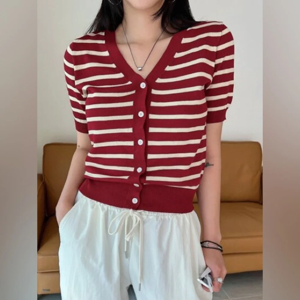 SHEIN Burgundy Striped Short Sleeve V-Neck‎ Button Front Knit Cardigan Sweater